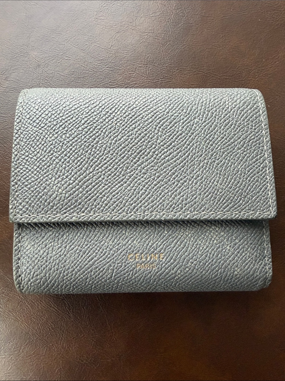 Celine Pebbled Leather Compact Wallet in Light Gray with Gold Logo